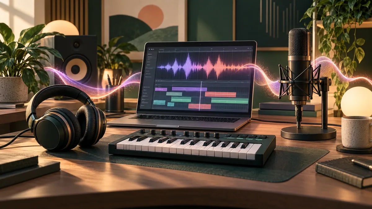 Editorial illustration of headphones, a keyboard and studio microphone with an abstract music waveform
