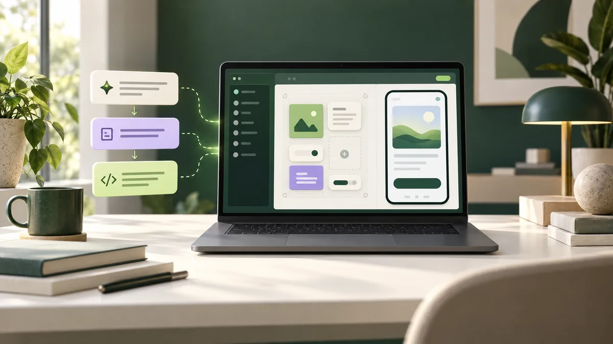 Illustration of a laptop displaying a generic AI app-building canvas and app preview