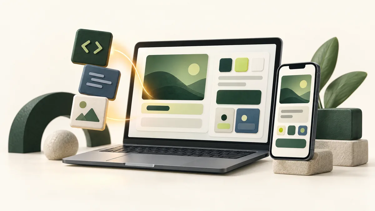 Illustration of responsive app screens and code blocks coming together