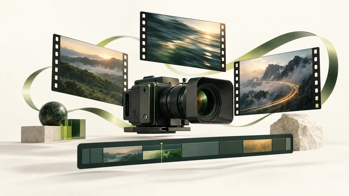 Illustration of a cinema camera, video frames and a creative timeline