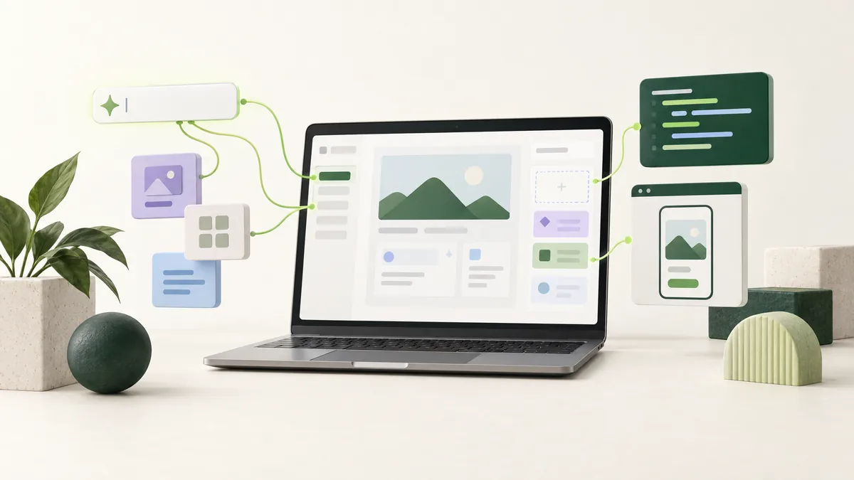 Illustration of a laptop assembling an app from modular interface blocks