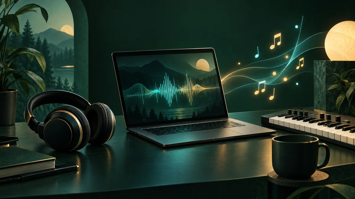 Headphones, a laptop with an abstract audio waveform and a keyboard surrounded by musical notes in a dark studio scene.