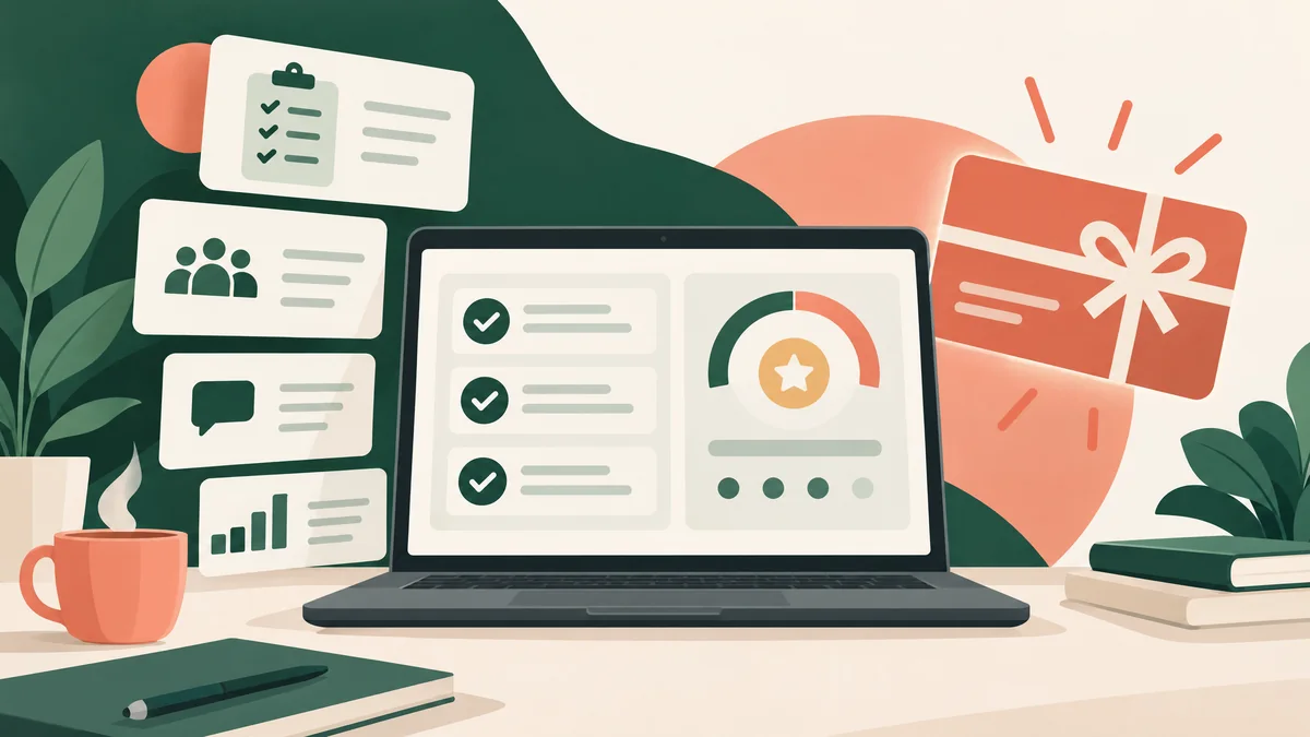 A laptop with generic survey checklists, a points meter and a gift card illustration in a green and coral workspace.