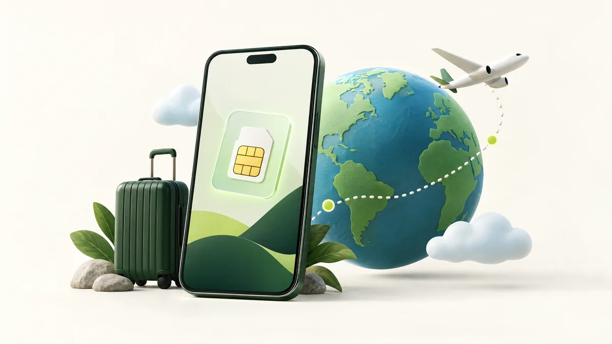 Illustration of an eSIM-enabled phone, a travel route and an airplane