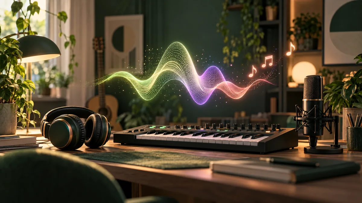 Illustration of a home music studio with headphones, keyboard, microphone and a glowing audio waveform