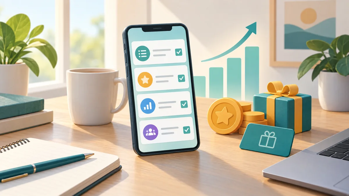 A smartphone with generic survey cards, reward tokens and a rising progress chart on a bright desk.