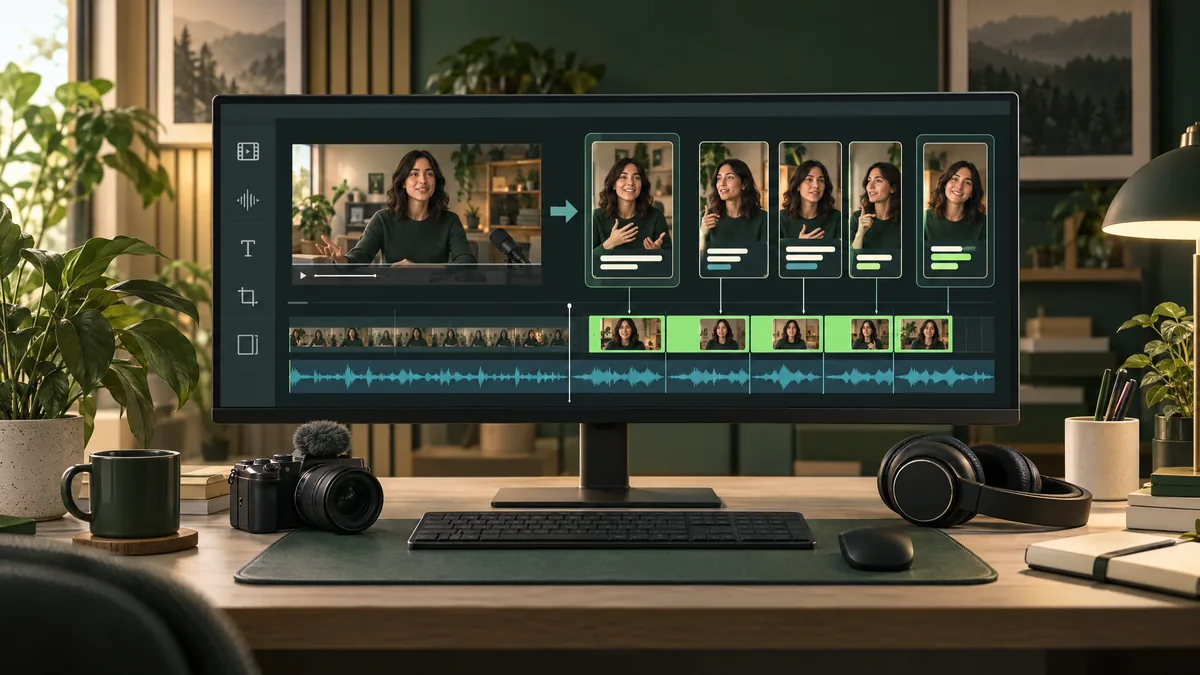 Illustration of a video editing timeline turning a long recording into vertical short clips